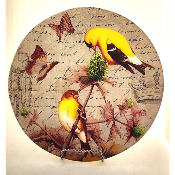 GLASS PLATTER-NOTIONS-"Goldfinch"-Ruffled Edges-Large 14" Diameter-Birds - Picture 1 of 13